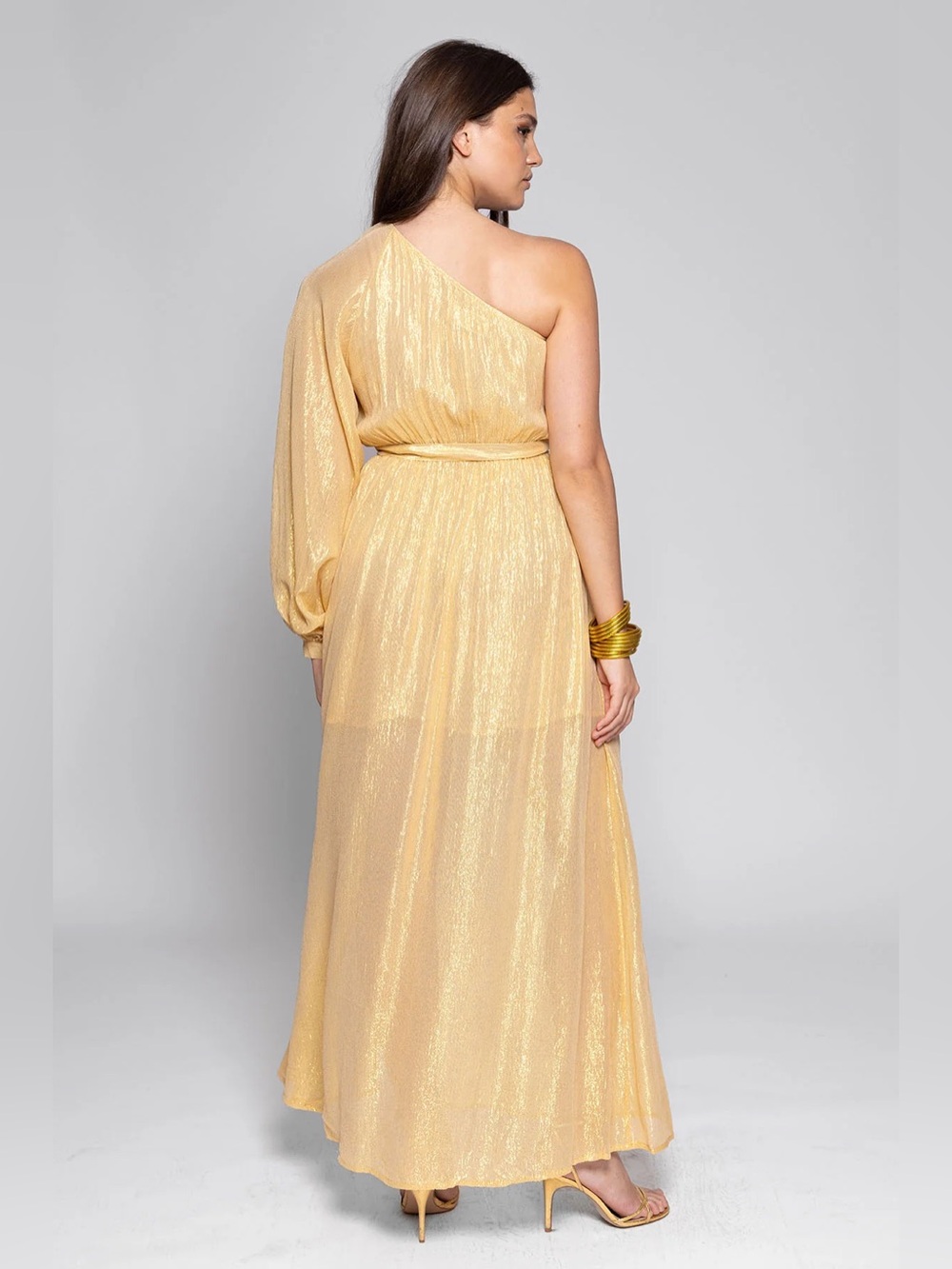 New! Sundress Doris  Belted One-Shoulder Shimmer Midi Dress in Gold 🌟 Small Tall - Picture 8 of 16